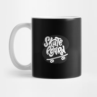 Skateboard logo with symbol of sport equipment on black background. Mug